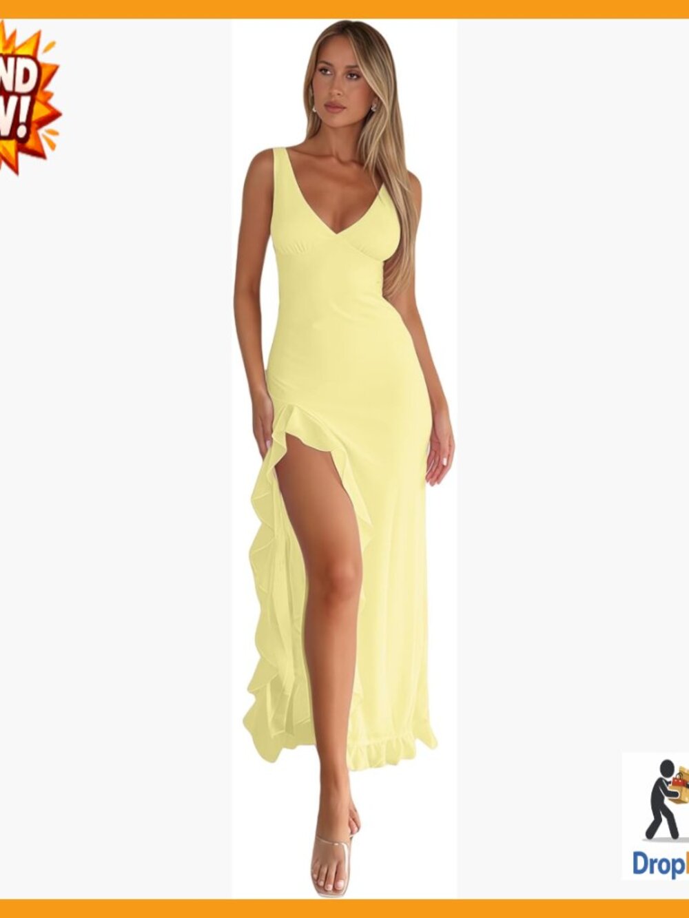 Sexy V Neck Mesh Maxi Dress Ruffle Hem High Slit Bodycon Cocktail Party